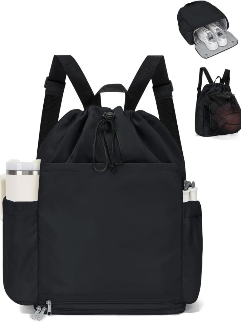 Versatile Drawstring Backpack with Shoe & Wet Compartments, Cup & Ball Holders